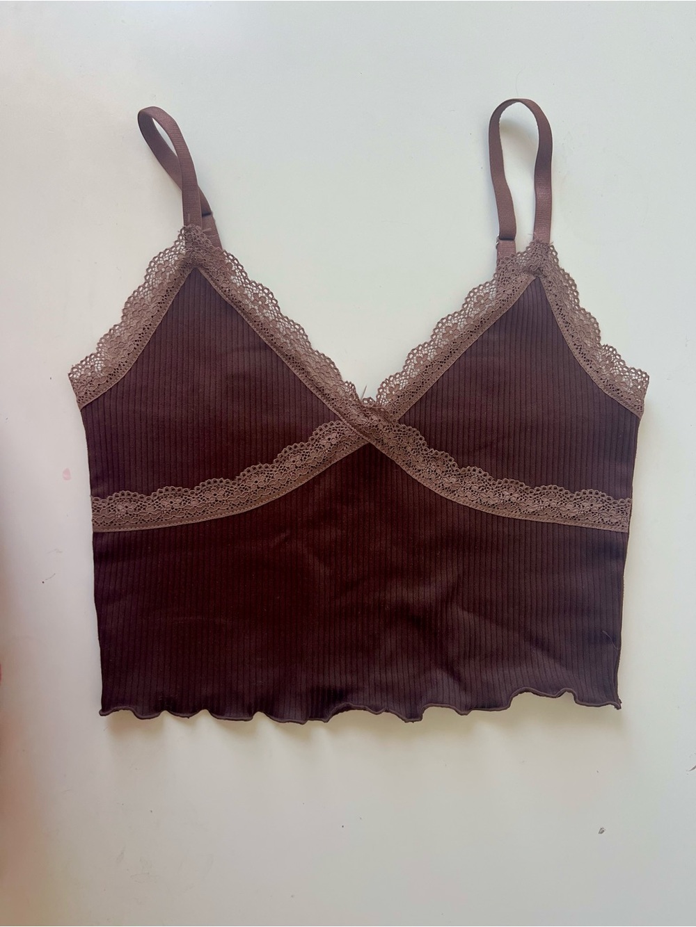 Lace Trim Ribbed Bralette Crop Top - Brown